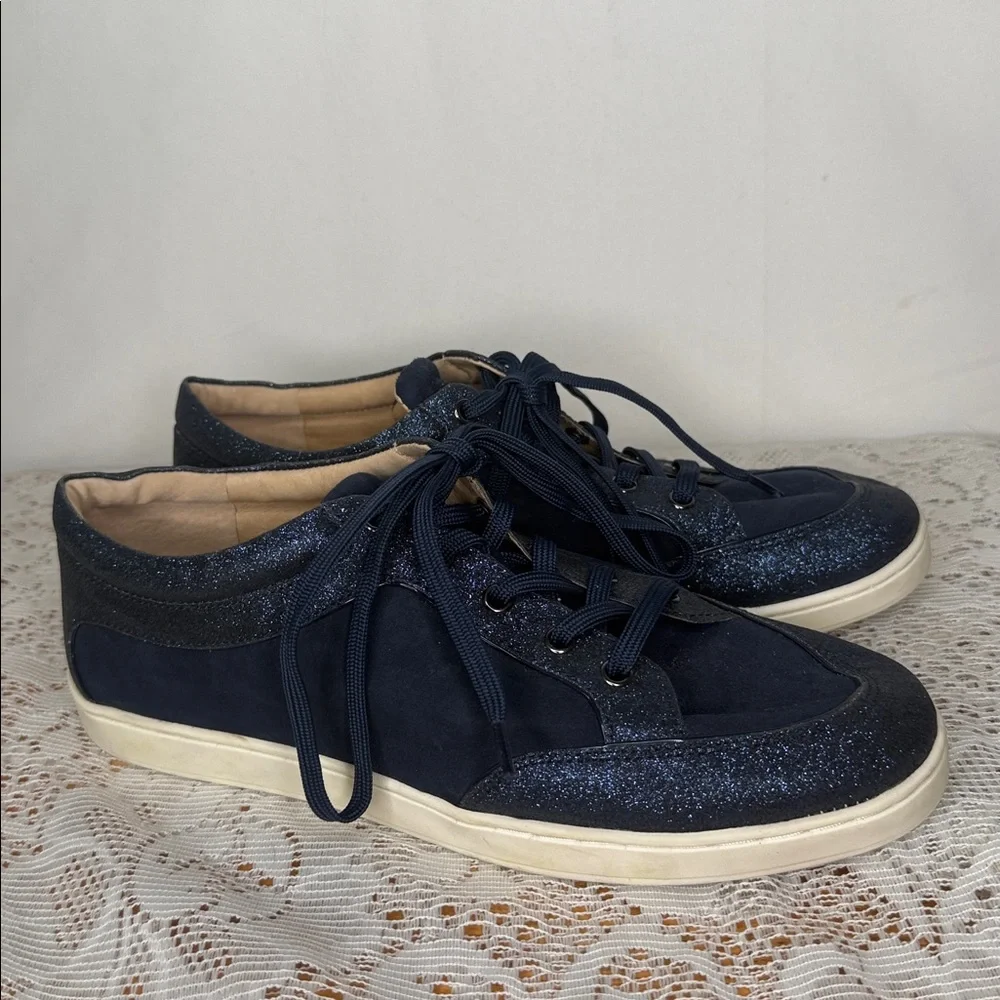 Antonio Melani blue leather glitter shimmer lace up tennis shoes sneakers sz 8.5